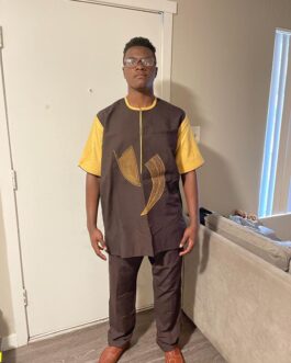 Dashiki brown with yellow hand, front and neck design